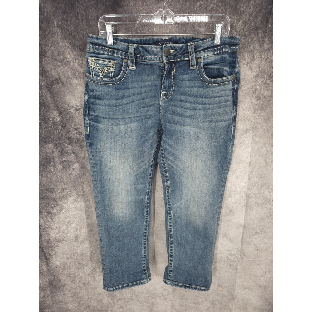 Vigoss Jeans Womens 8 Blue Denim Capri Medium Wash Heritage Fit Whiskers Stretch